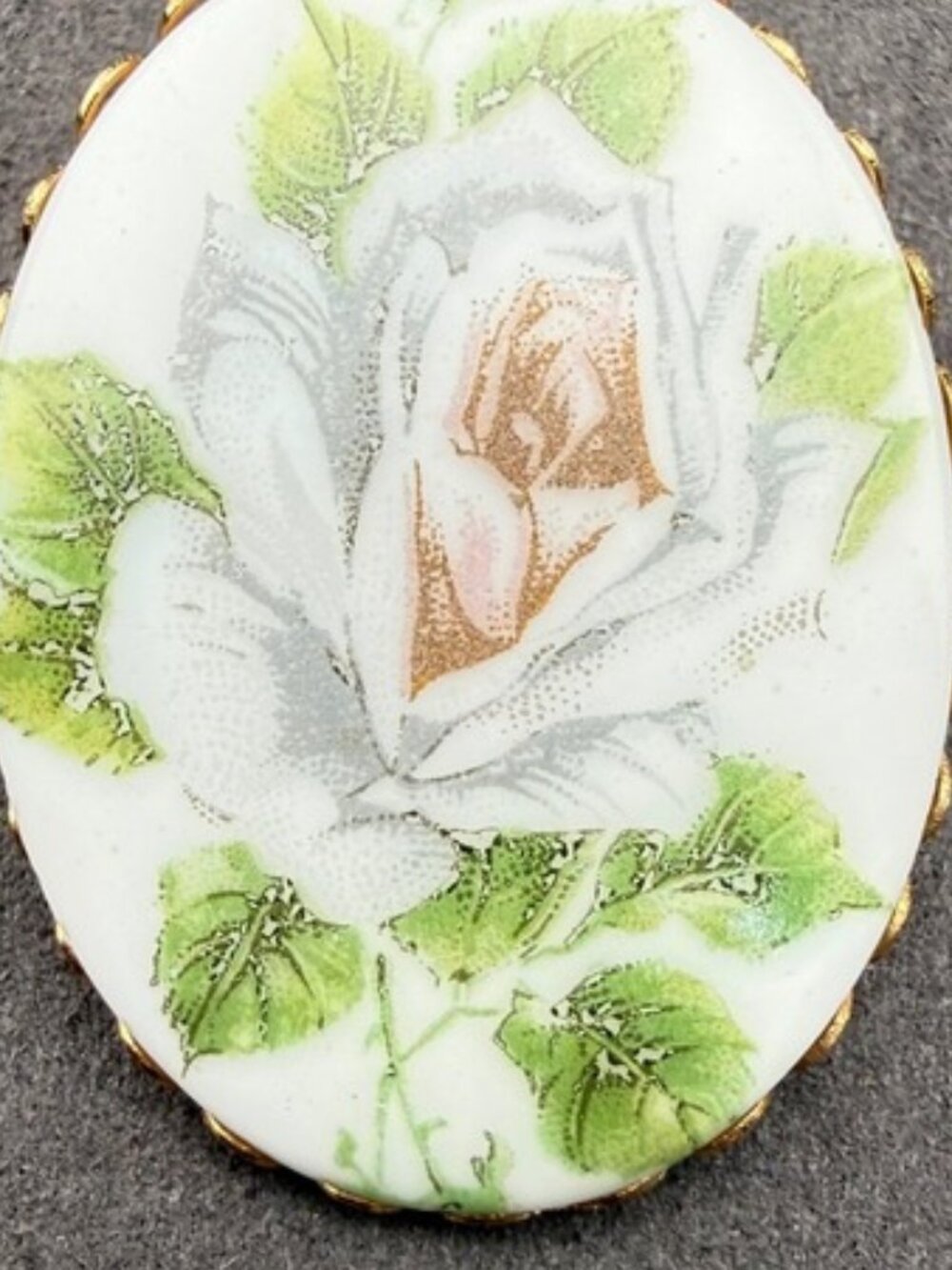 Gold Tone Brooch White Rose Hand Painted Style Victorian Revival Oval Pin